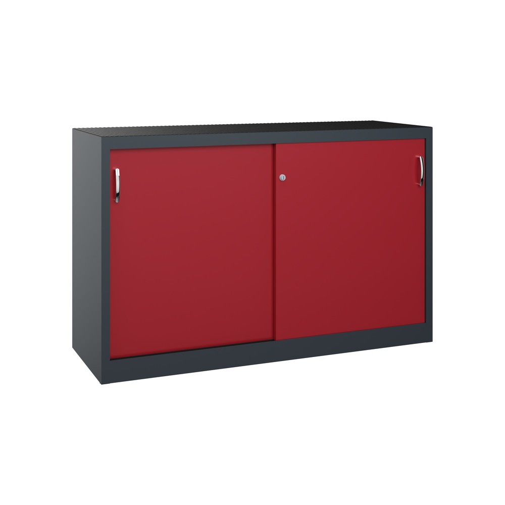 Produktabbildung: C+P Schwerlast-Schiebetürenschrank, HxBxT 1.000 x 1.600 x 500 mm, 2 Fachböden, anthrazitgrau, rubinrot