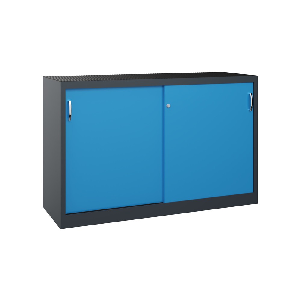 Produktabbildung: C+P Schwerlast-Schiebetürenschrank, HxBxT 1.000 x 1.600 x 500 mm, 2 Fachböden, anthrazitgrau, lichtblau
