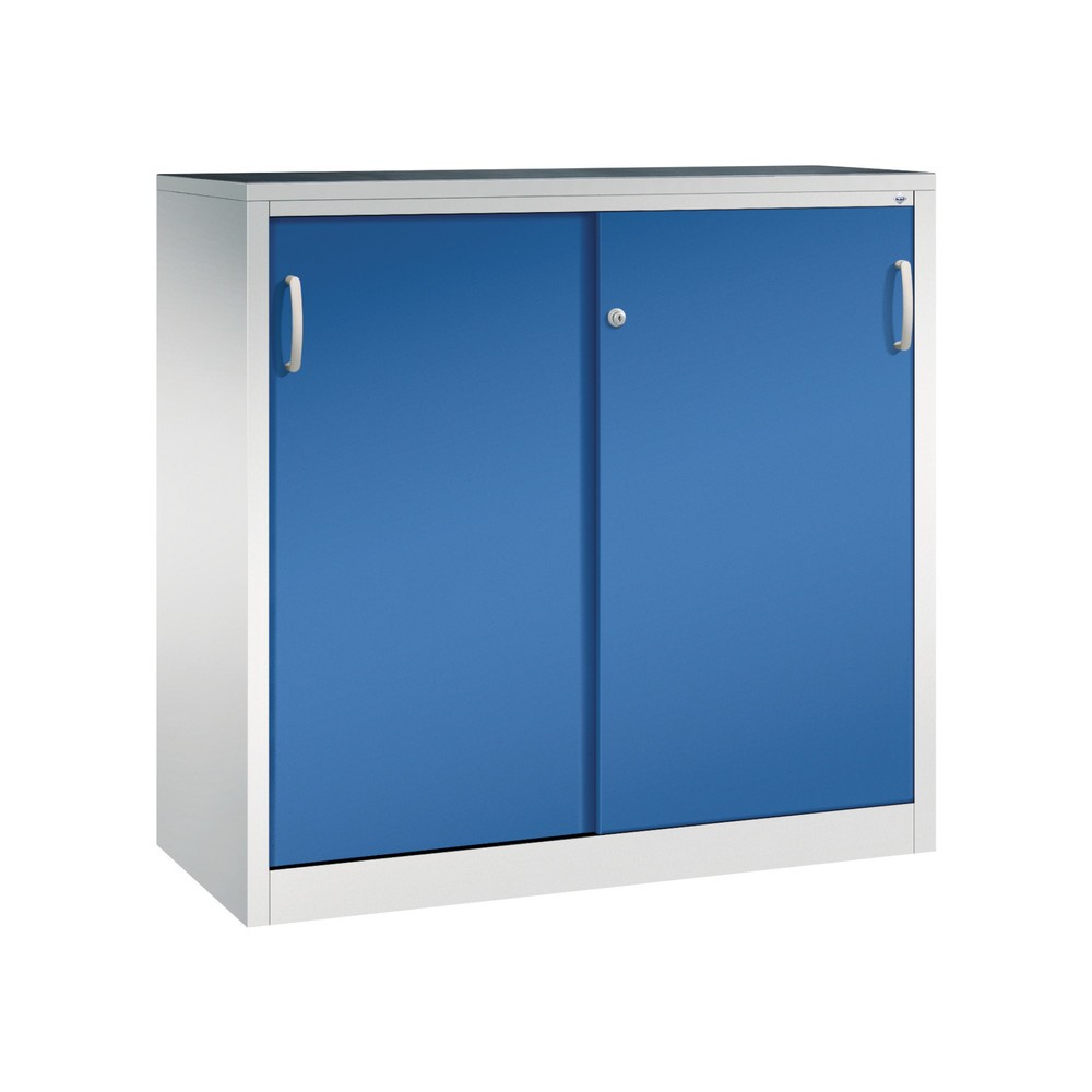 Produktabbildung: C+P Schwerlast-Schiebetürenschrank, HxBxT 1.200 x 1.200 x 500 mm, 2 Fachböden, lichtgrau, enzianblau