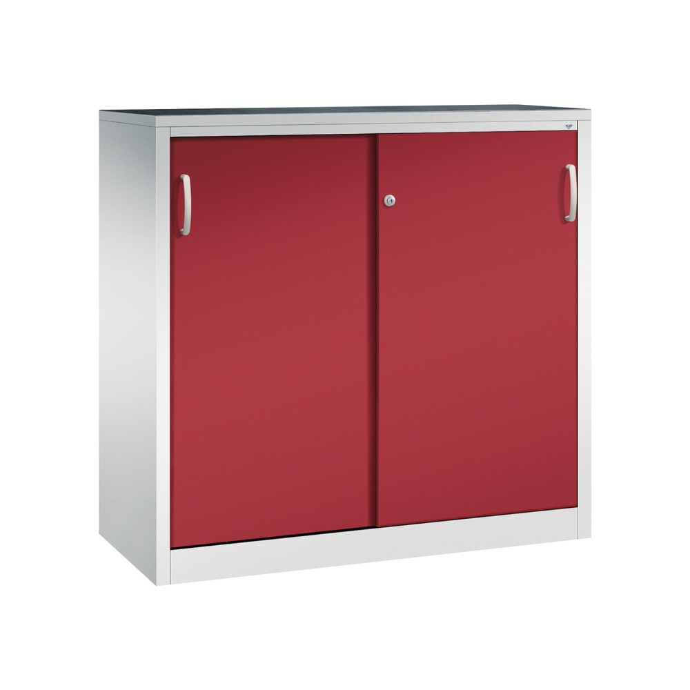 Produktabbildung: C+P Schwerlast-Schiebetürenschrank, HxBxT 1.200 x 1.200 x 500 mm, 2 Fachböden, lichtgrau, rubinrot