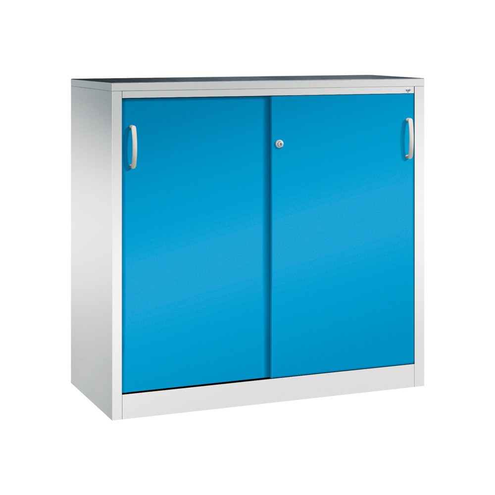 Produktabbildung: C+P Schwerlast-Schiebetürenschrank, HxBxT 1.200 x 1.200 x 500 mm, 2 Fachböden, lichtgrau, lichtblau