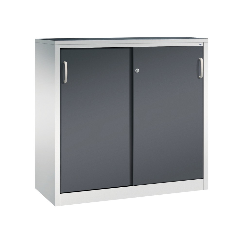 Produktabbildung: C+P Schwerlast-Schiebetürenschrank, HxBxT 1.200 x 1.200 x 500 mm, 2 Fachböden, lichtgrau, schwarzgrau