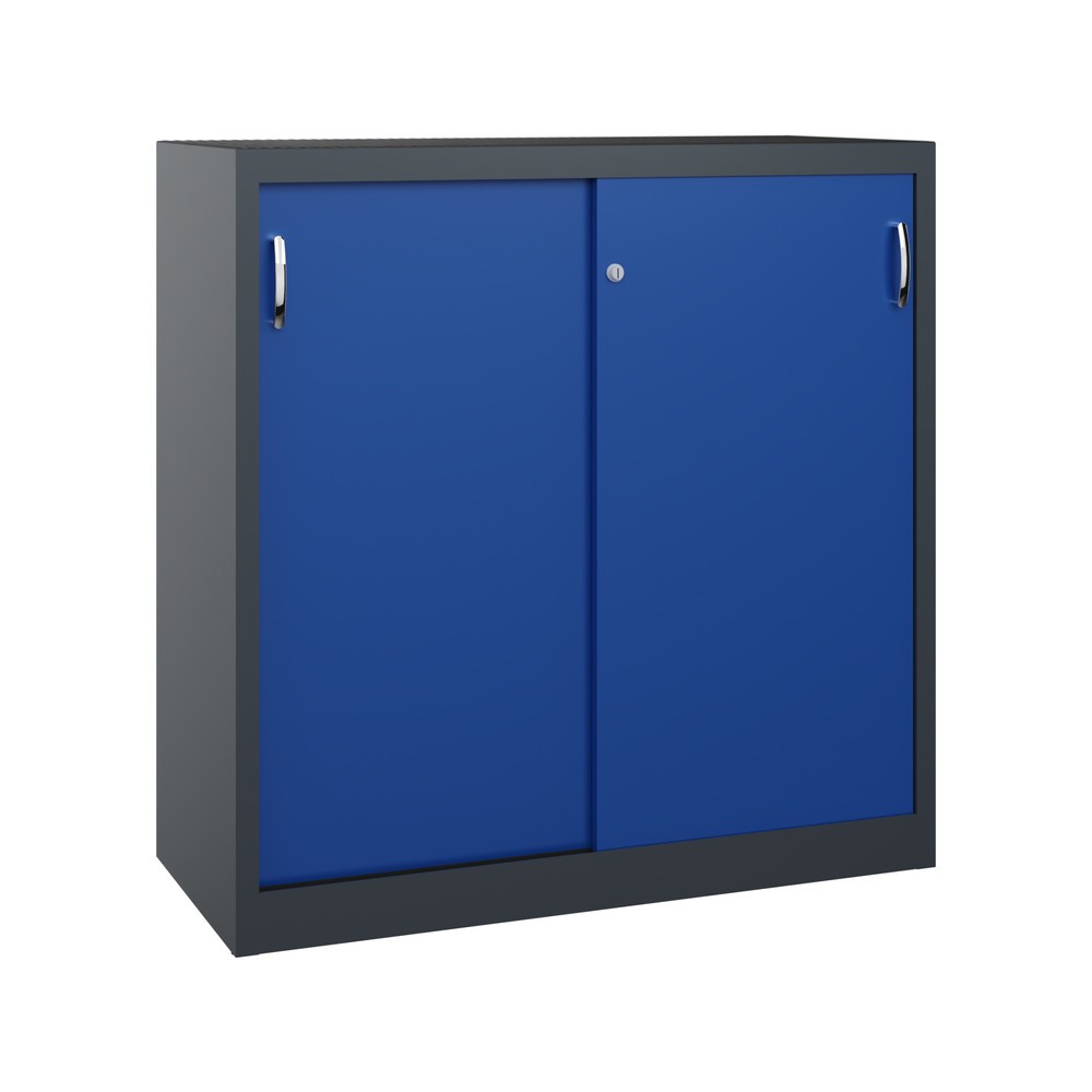 Produktabbildung: C+P Schwerlast-Schiebetürenschrank, HxBxT 1.200 x 1.200 x 500 mm, 2 Fachböden, anthrazitgrau, enzianblau