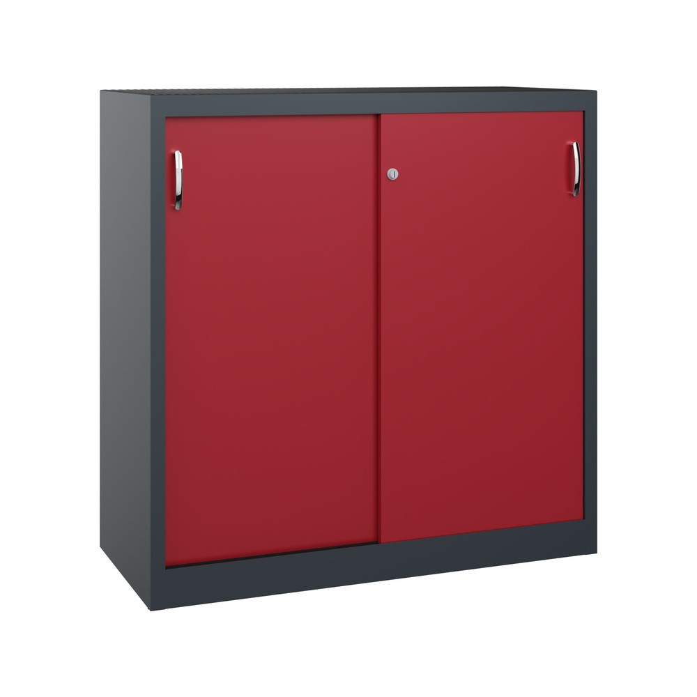 Produktabbildung: C+P Schwerlast-Schiebetürenschrank, HxBxT 1.200 x 1.200 x 500 mm, 2 Fachböden, anthrazitgrau, rubinrot