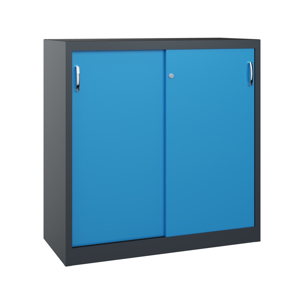 Produktabbildung: C+P Schwerlast-Schiebetürenschrank, HxBxT 1.200 x 1.200 x 500 mm, 2 Fachböden, anthrazitgrau, lichtblau