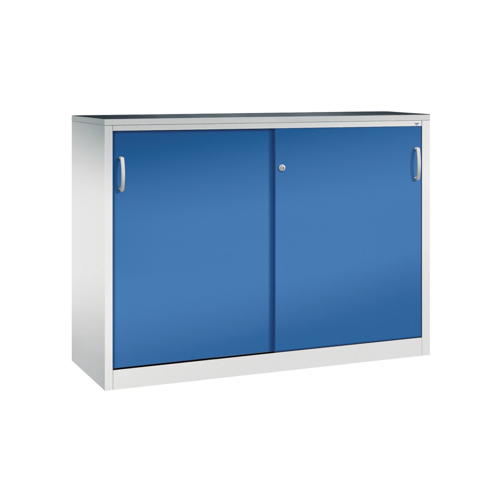 Produktabbildung: C+P Schwerlast-Schiebetürenschrank, HxBxT 1.200 x 1.600 x 500 mm, 4 Fachböden, lichtgrau, enzianblau