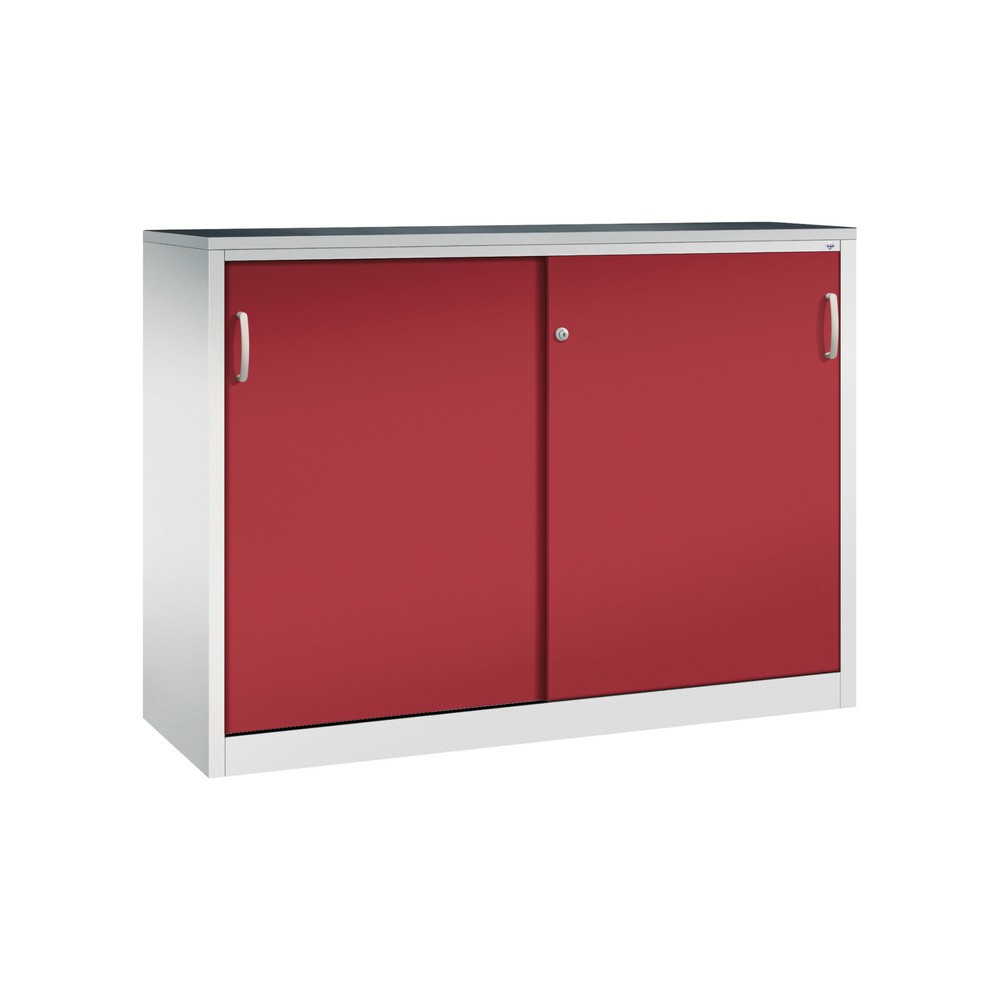 Produktabbildung: C+P Schwerlast-Schiebetürenschrank, HxBxT 1.200 x 1.600 x 500 mm, 4 Fachböden, lichtgrau, rubinrot