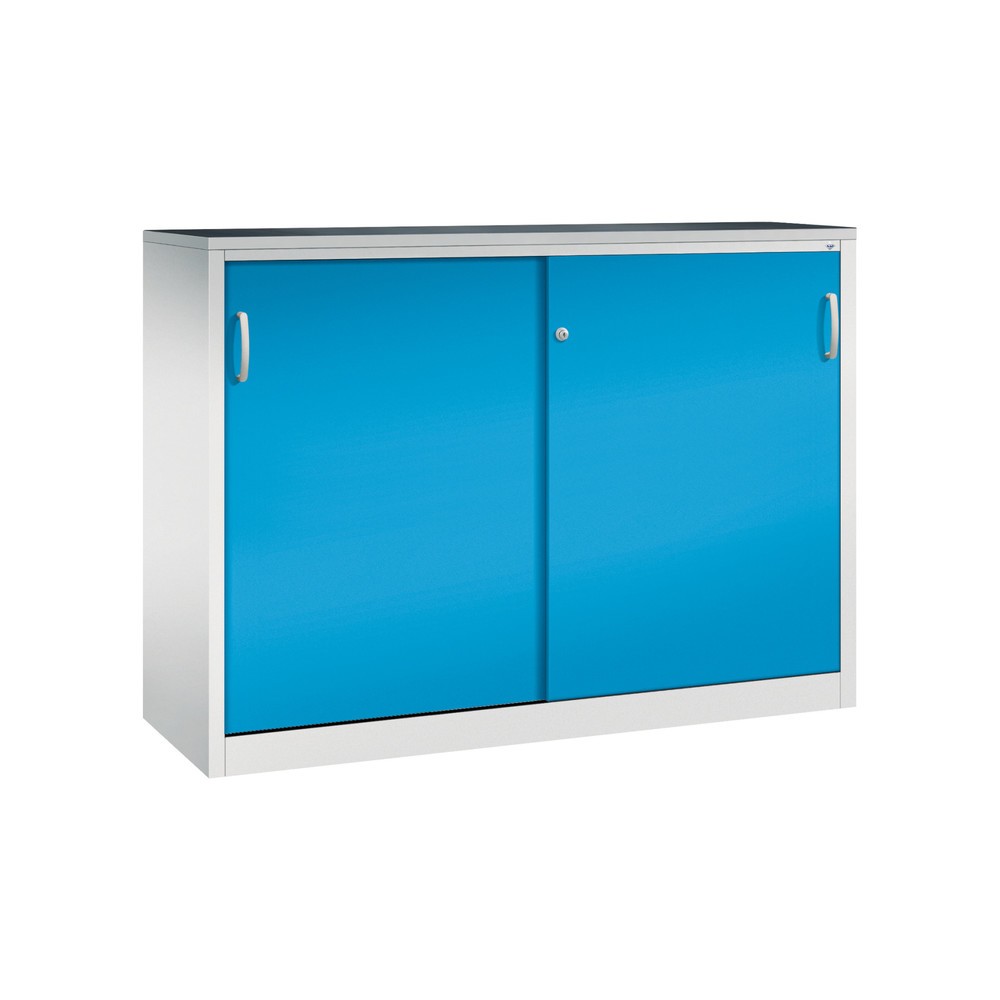 Produktabbildung: C+P Schwerlast-Schiebetürenschrank, HxBxT 1.200 x 1.600 x 500 mm, 4 Fachböden, lichtgrau, lichtblau