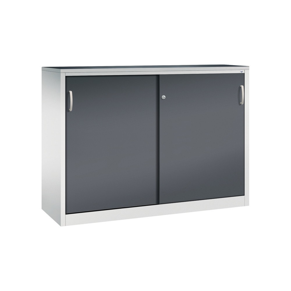 Produktabbildung: C+P Schwerlast-Schiebetürenschrank, HxBxT 1.200 x 1.600 x 500 mm, 4 Fachböden, lichtgrau, schwarzgrau