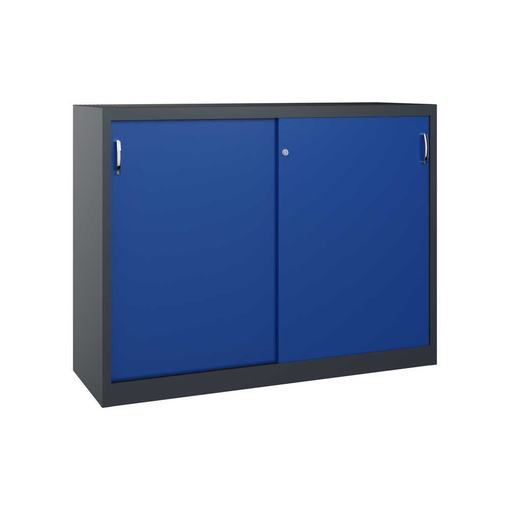 Produktabbildung: C+P Schwerlast-Schiebetürenschrank, HxBxT 1.200 x 1.600 x 500 mm, 4 Fachböden, anthrazitgrau, enzianblau
