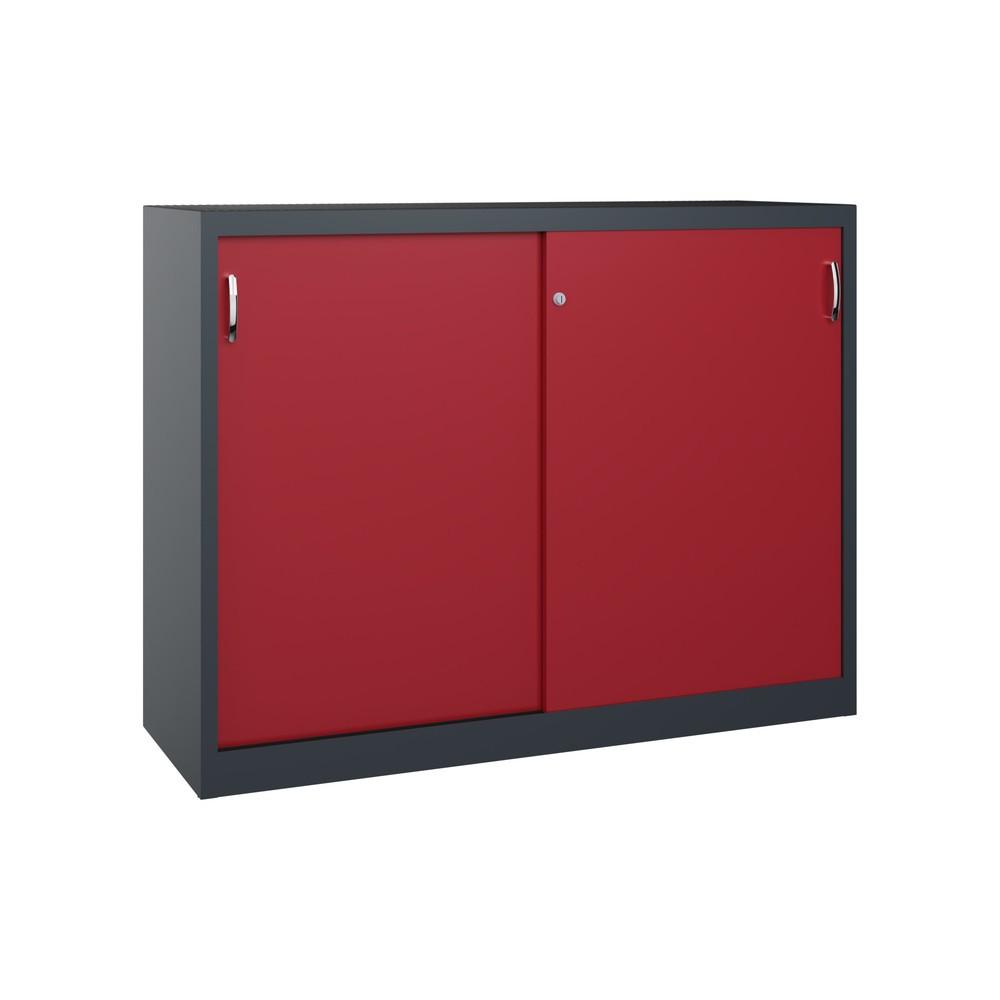 Produktabbildung: C+P Schwerlast-Schiebetürenschrank, HxBxT 1.200 x 1.600 x 500 mm, 4 Fachböden, anthrazitgrau, rubinrot
