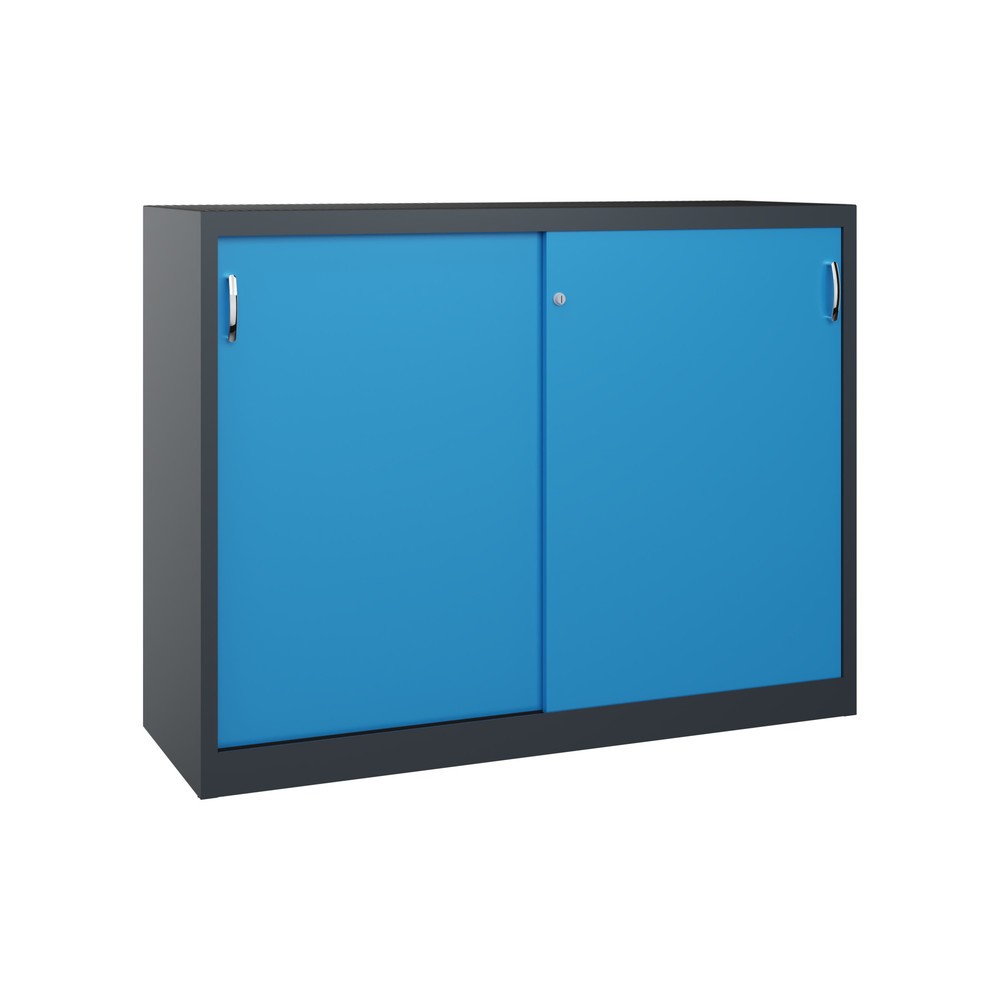 Produktabbildung: C+P Schwerlast-Schiebetürenschrank, HxBxT 1.200 x 1.600 x 500 mm, 4 Fachböden, anthrazitgrau, lichtblau