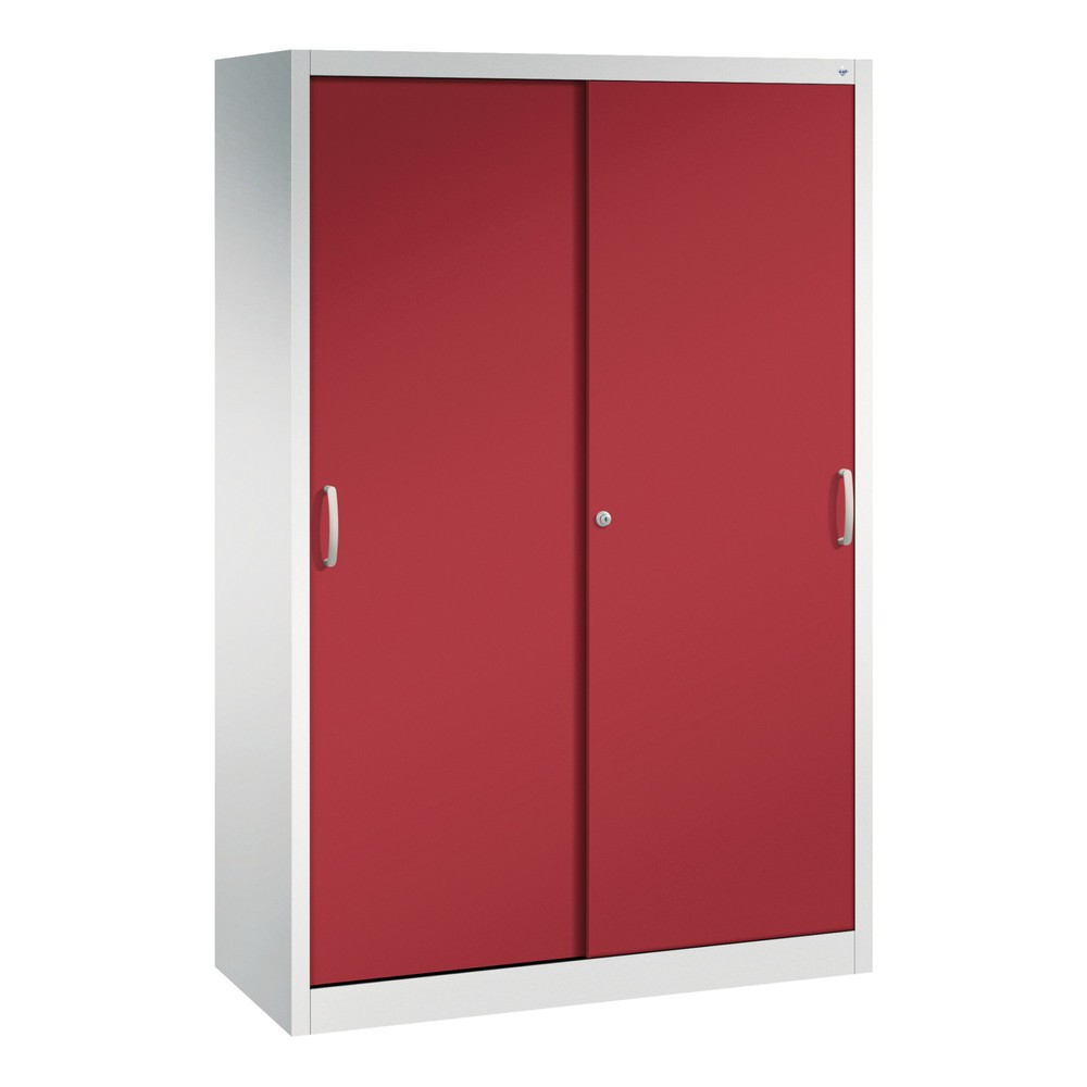 Produktabbildung: C+P Schwerlast-Schiebetürenschrank, HxBxT 1.950 x 1.200 x 500 mm, 4 Fachböden, lichtgrau, rubinrot