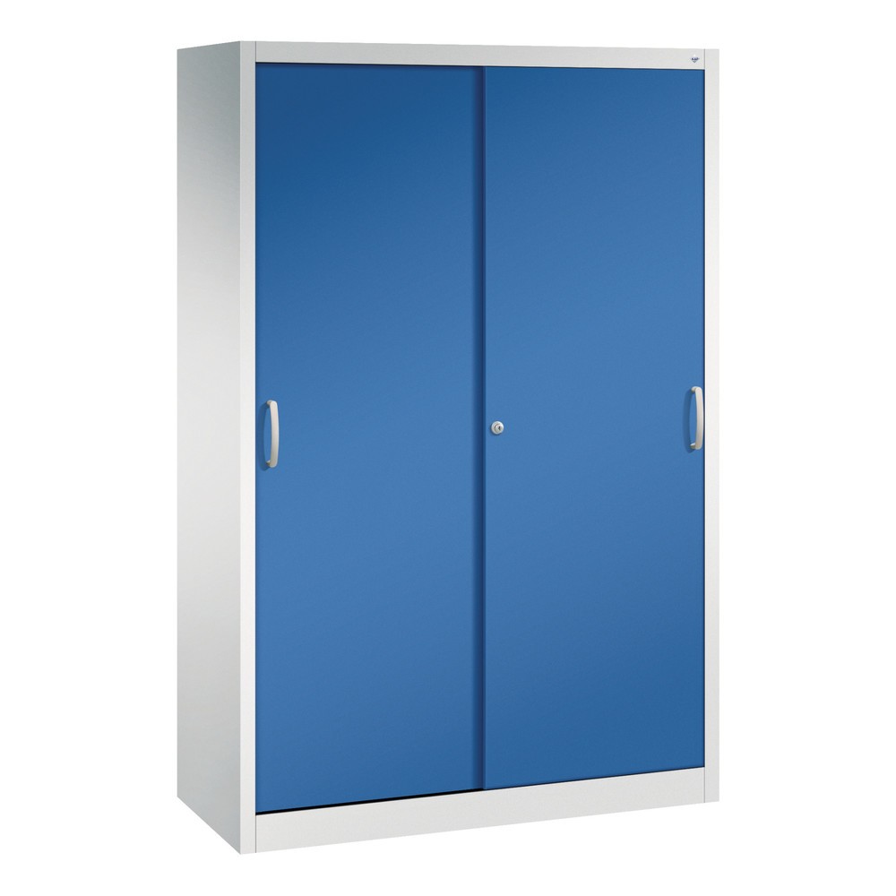 Produktabbildung: C+P Schwerlast-Schiebetürenschrank, HxBxT 1.950 x 1.200 x 500 mm, 4 Fachböden, lichtgrau, enzianblau