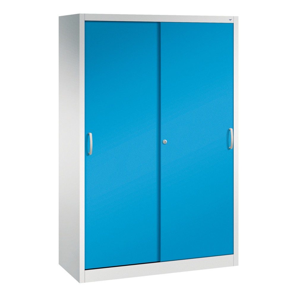 Produktabbildung: C+P Schwerlast-Schiebetürenschrank, HxBxT 1.950 x 1.200 x 500 mm, 4 Fachböden, lichtgrau, lichtblau