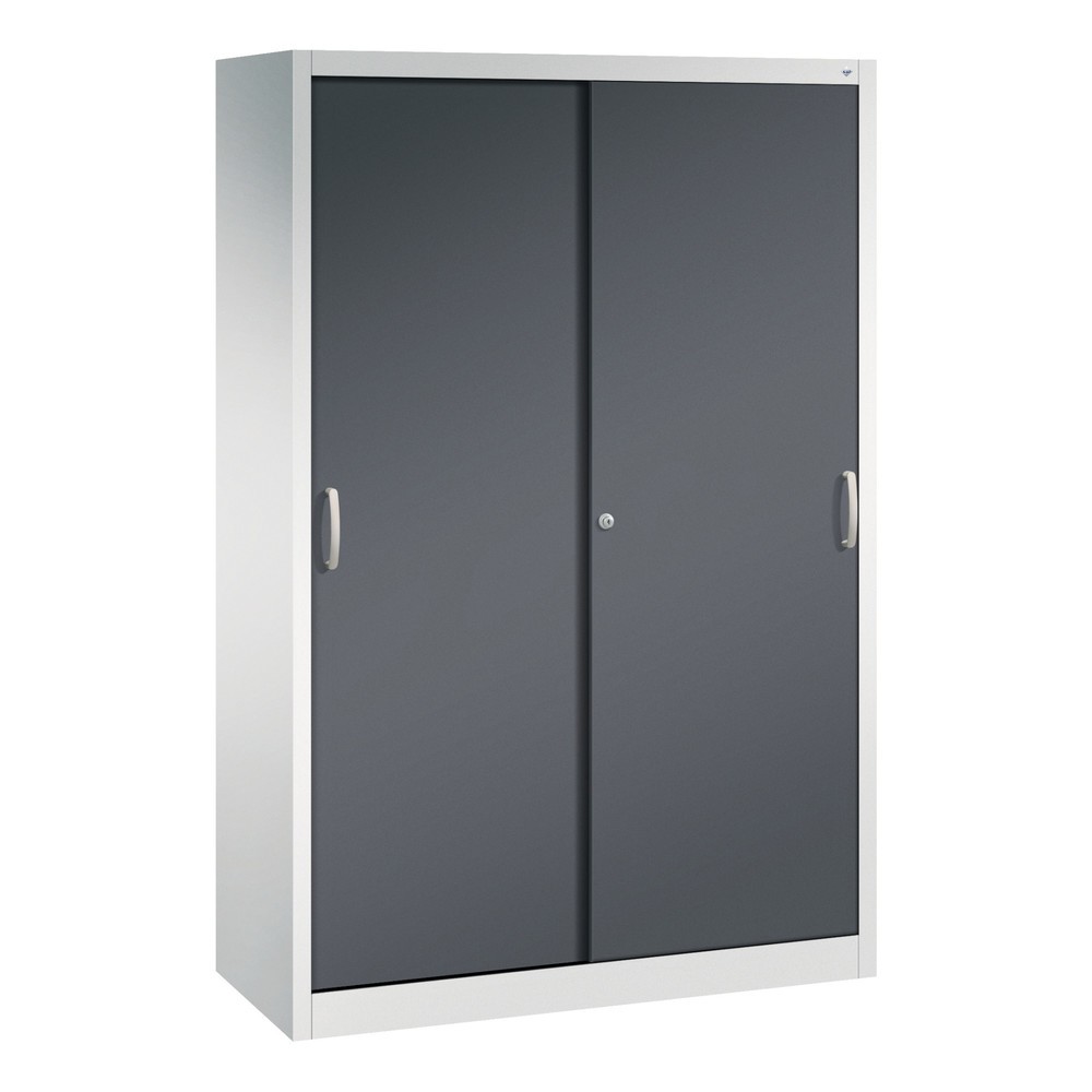 Produktabbildung: C+P Schwerlast-Schiebetürenschrank, HxBxT 1.950 x 1.200 x 500 mm, 4 Fachböden, lichtgrau, schwarzgrau