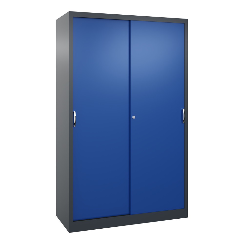 Produktabbildung: C+P Schwerlast-Schiebetürenschrank, HxBxT 1.950 x 1.200 x 500 mm, 4 Fachböden, anthrazitgrau, enzianblau