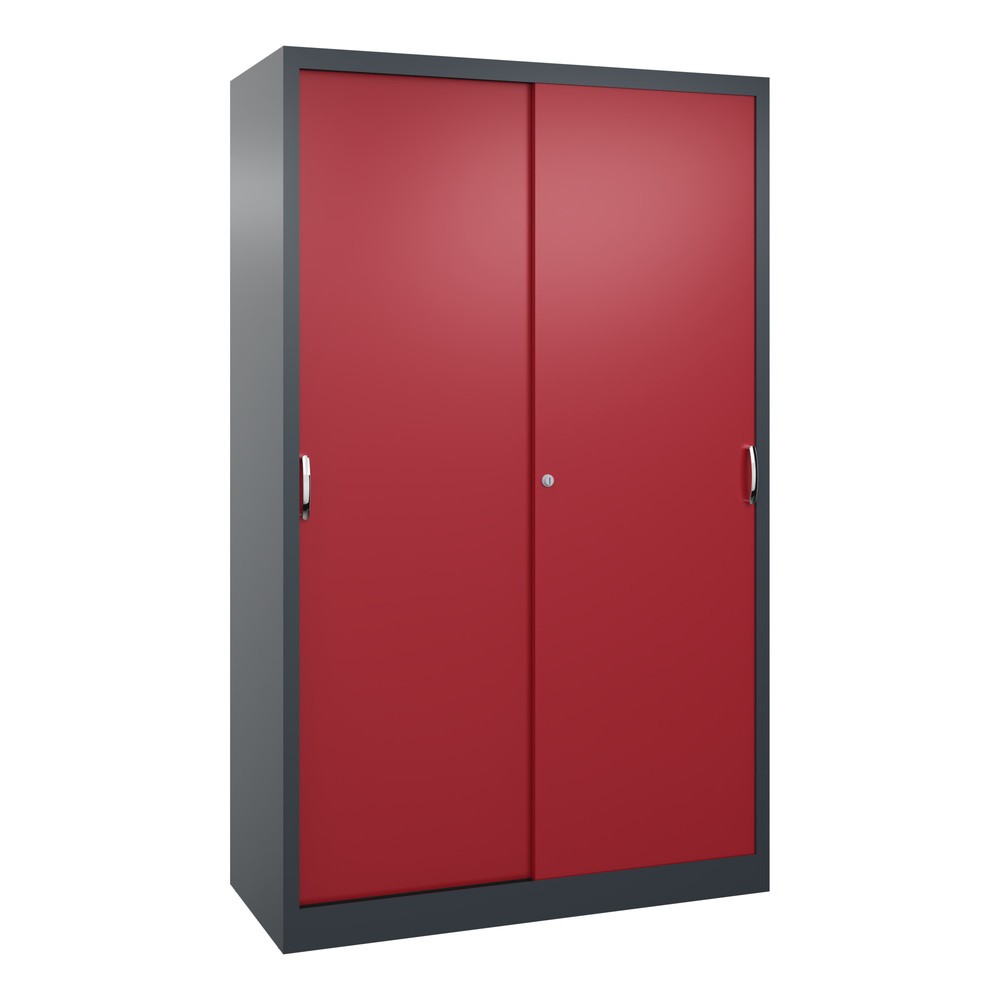 Produktabbildung: C+P Schwerlast-Schiebetürenschrank, HxBxT 1.950 x 1.200 x 500 mm, 4 Fachböden, anthrazitgrau, rubinrot