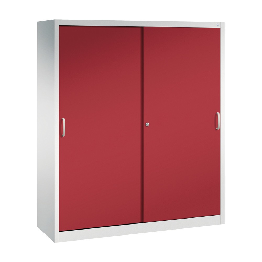 Produktabbildung: C+P Schwerlast-Schiebetürenschrank, HxBxT 1.950 x 1.600 x 500 mm, 8 Fachböden, lichtgrau, rubinrot