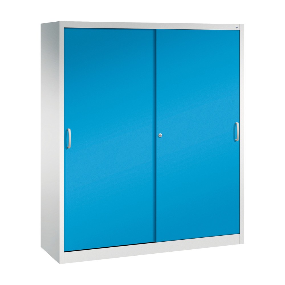 Produktabbildung: C+P Schwerlast-Schiebetürenschrank, HxBxT 1.950 x 1.600 x 500 mm, 8 Fachböden, lichtgrau, lichtblau