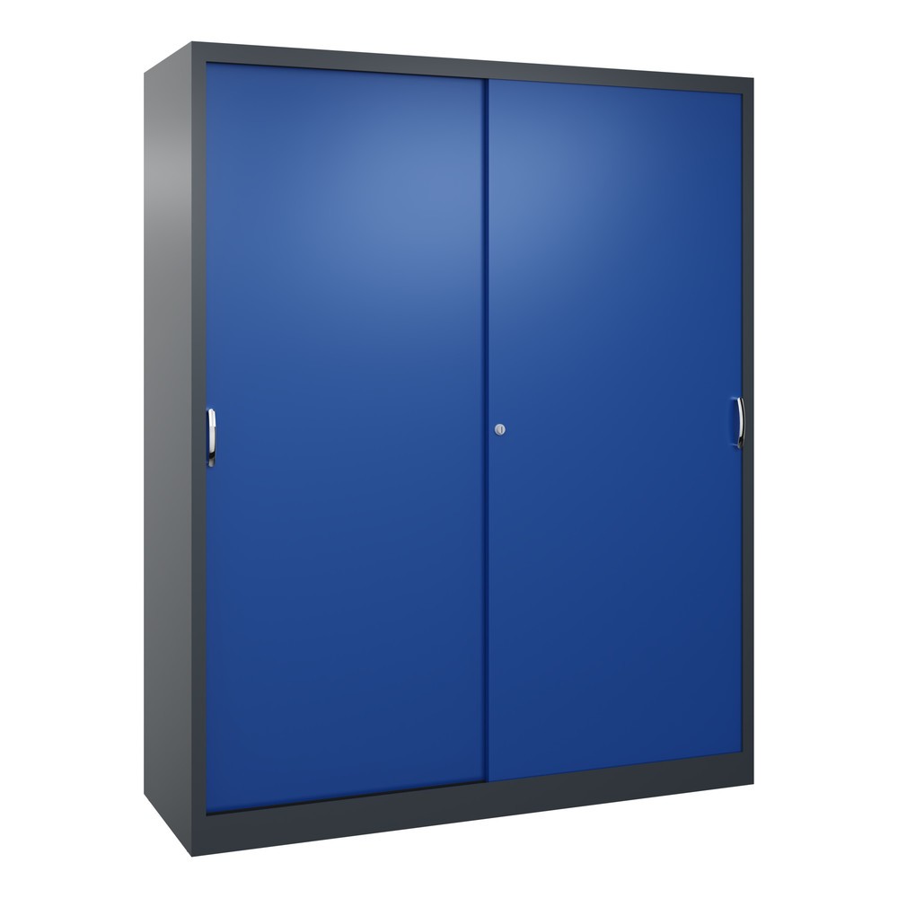 Produktabbildung: C+P Schwerlast-Schiebetürenschrank, HxBxT 1.950 x 1.600 x 500 mm, 8 Fachböden, anthrazitgrau, enzianblau