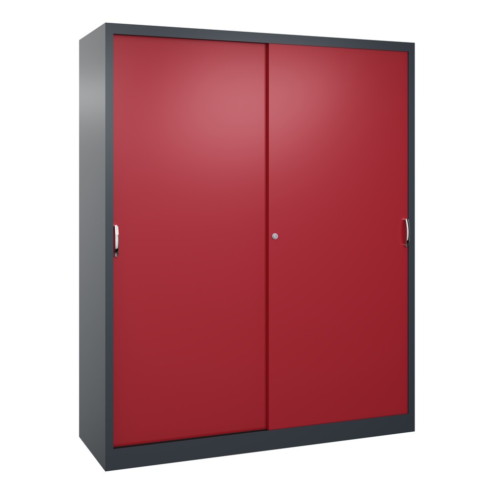 Produktabbildung: C+P Schwerlast-Schiebetürenschrank, HxBxT 1.950 x 1.600 x 500 mm, 8 Fachböden, anthrazitgrau, rubinrot