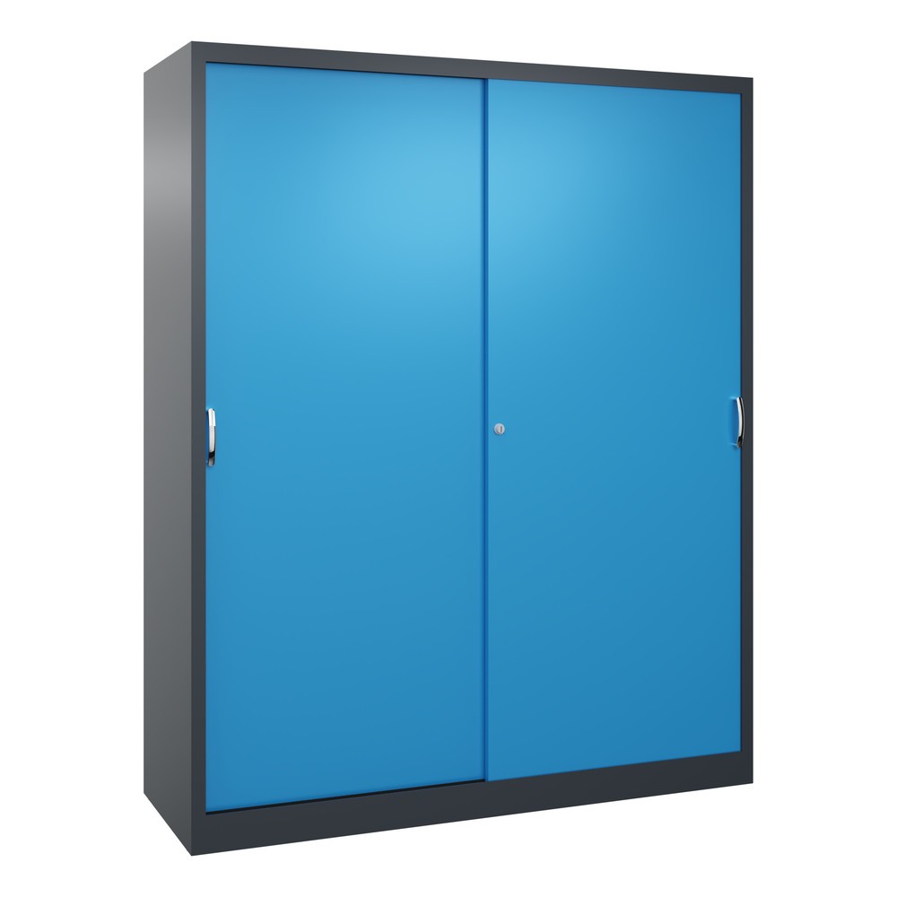 Produktabbildung: C+P Schwerlast-Schiebetürenschrank, HxBxT 1.950 x 1.600 x 500 mm, 8 Fachböden, anthrazitgrau, lichtblau