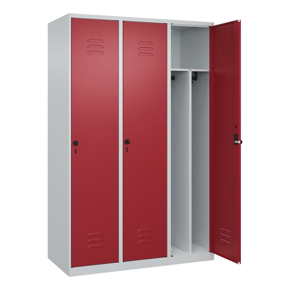 Produktabbildung: C+P Spind Classic PLUS, 3 Abteile, HxBxT 1.850 x 1.200 x 500 mm, lichtgrau, rubinrot, für Vorhängeschloss, mit Mitteltrennwand