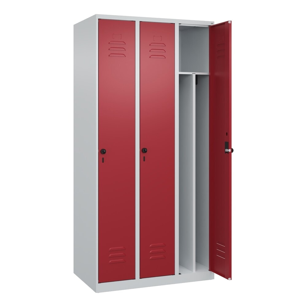 Produktabbildung: C+P Spind Classic PLUS, 3 Abteile, HxBxT 1.850 x 900 x 500 mm, lichtgrau, rubinrot, für Vorhängeschloss, mit Mitteltrennwand