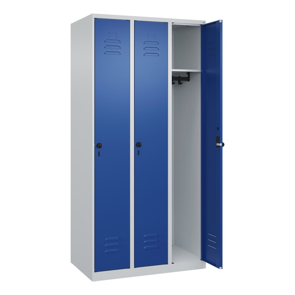 C+P Spind Classic PLUS, 3 Abteile, HxBxT 1.850 x 900 x 500 mm, lichtgrau, enzianblau, für Vorhängeschloss, ohne Mitteltrennwand Produktabbildung: C+P Spind Classic PLUS, 3 Abteile, HxBxT 1.850 x 900 x 500 mm, lichtgrau, enzianblau, für Vorhängeschloss, ohne Mitteltrennwand