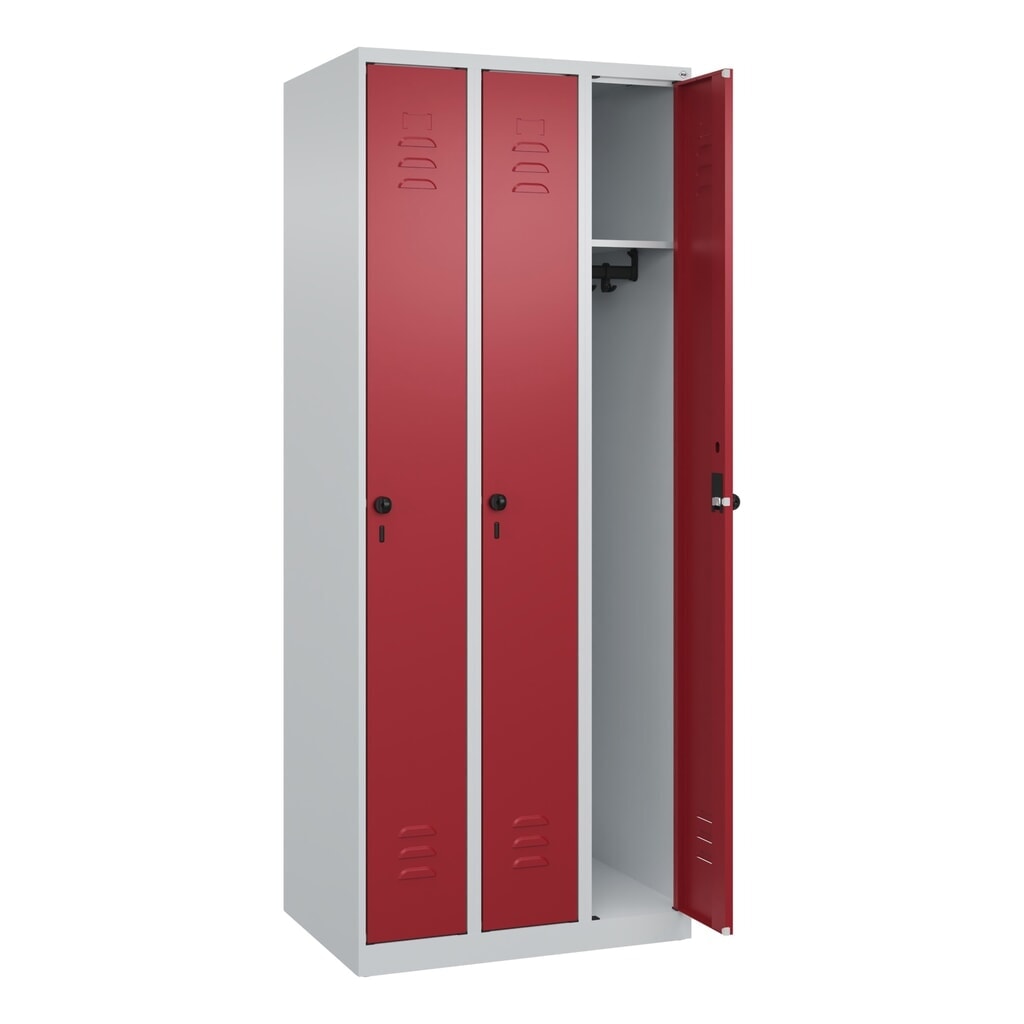 Produktabbildung Nr. 1: C+P Spind Classic PLUS, 3 Abteile, HxBxT 1.850 x 750 x 500 mm, lichtgrau, rubinrot, für Vorhängeschloss, ohne Mitteltrennwand