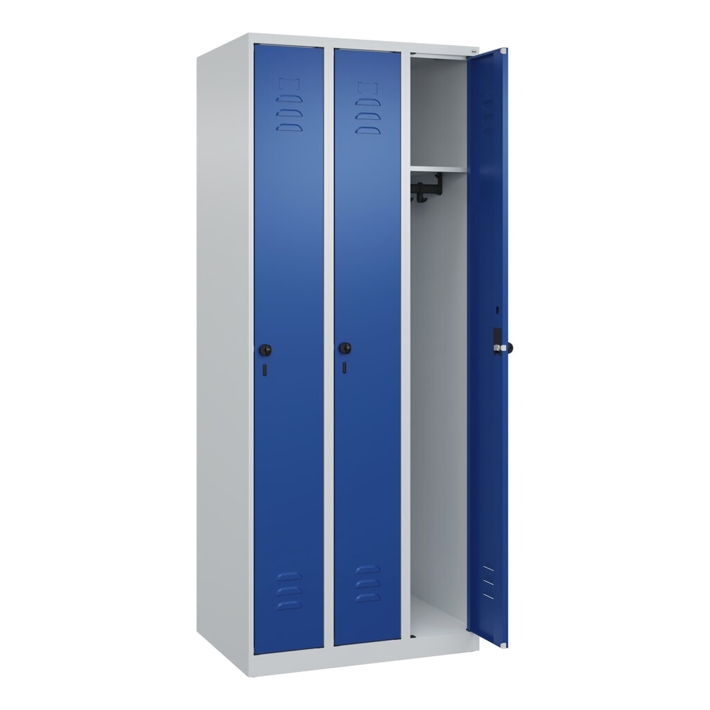 Produktabbildung Nr. 1: C+P Spind Classic PLUS, 3 Abteile, HxBxT 1.850 x 750 x 500 mm, lichtgrau, enzianblau, für Vorhängeschloss, ohne Mitteltrennwand