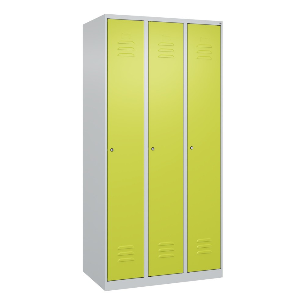 Produktabbildung: C+P Spind Classic PLUS, 3 Abteile, HxBxT 1.850 x 900 x 500 mm, lichtgrau, clowngrün, Zylinderschloss, ohne Mitteltrennwand