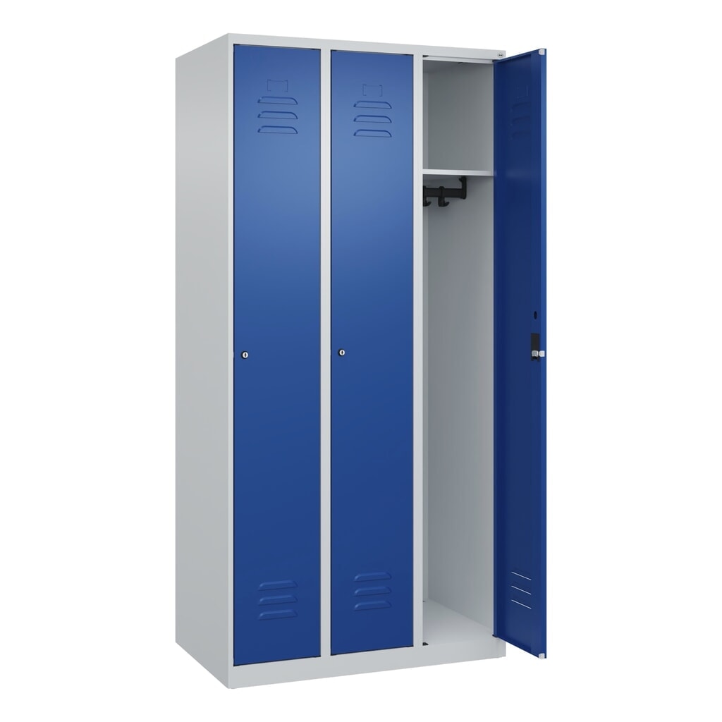 Produktabbildung: C+P Spind Classic PLUS, 3 Abteile, HxBxT 1.850 x 900 x 500 mm, lichtgrau, enzianblau, Zylinderschloss, ohne Mitteltrennwand