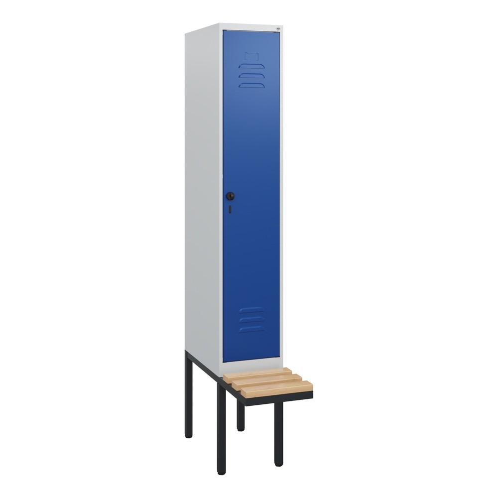 Produktabbildung: C+P Spind Classic PLUS, 1 Abteil, HxBxT 1.950 x 300 x 815 mm, für Vorhängeschloss, auskragende Bank aus Buche, lichtgrau, enzianblau