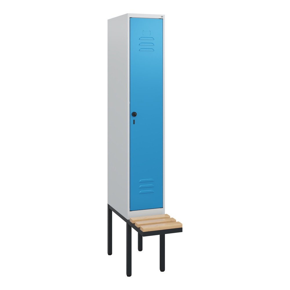 Produktabbildung: C+P Spind Classic PLUS, 1 Abteil, HxBxT 1.950 x 300 x 815 mm, für Vorhängeschloss, auskragende Bank aus Buche, lichtgrau, lichtblau