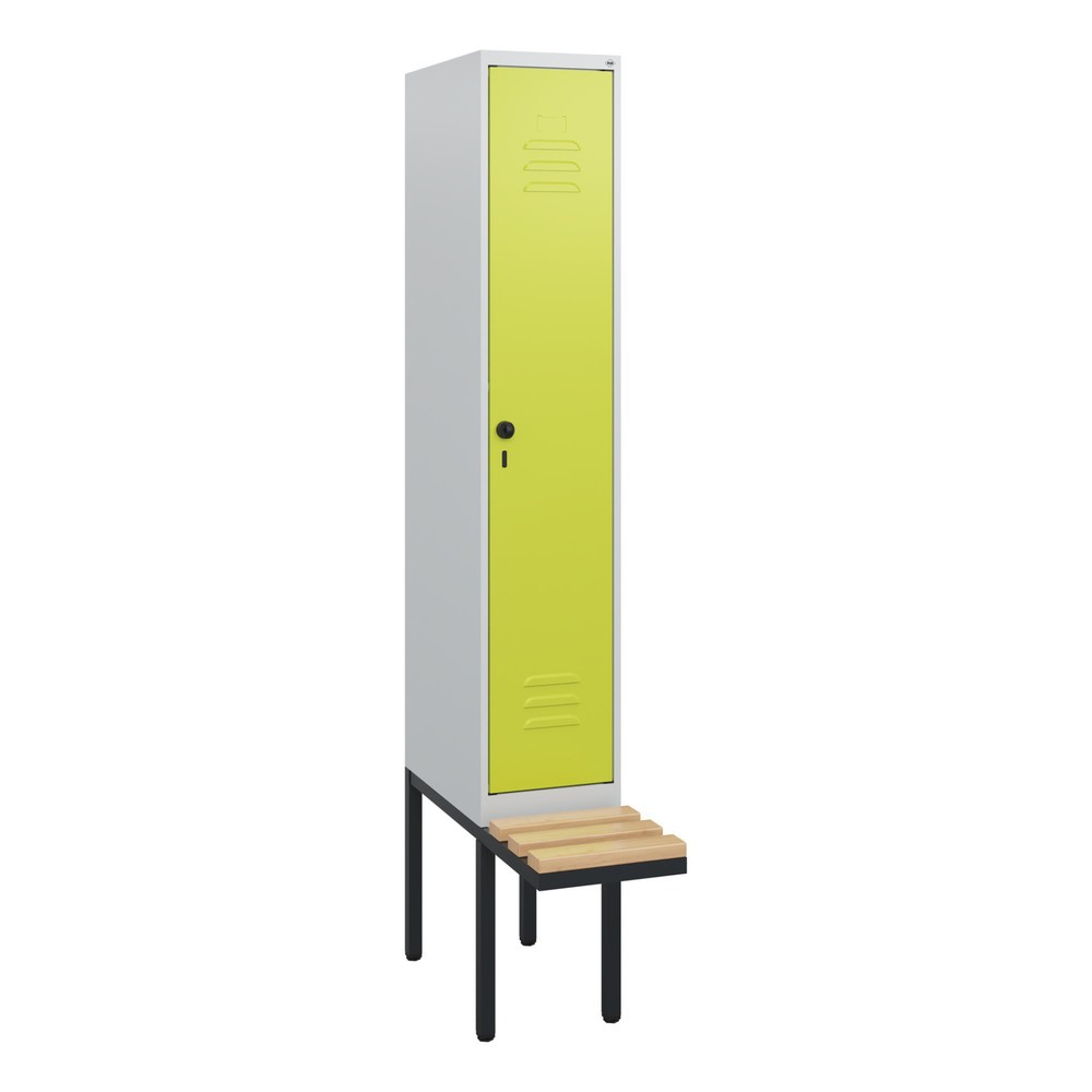 Produktabbildung: C+P Spind Classic PLUS, 1 Abteil, HxBxT 1.950 x 300 x 815 mm, für Vorhängeschloss, auskragende Bank aus Buche, lichtgrau, clowngrün