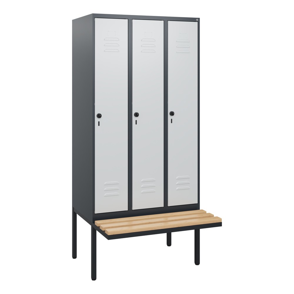 Produktabbildung: C+P Spind Classic PLUS, 3 Abteile, HxBxT 1.950 x 900 x 815 mm, für Vorhängeschloss, auskragende Bank aus Buche, anthrazitgrau, lichtgrau