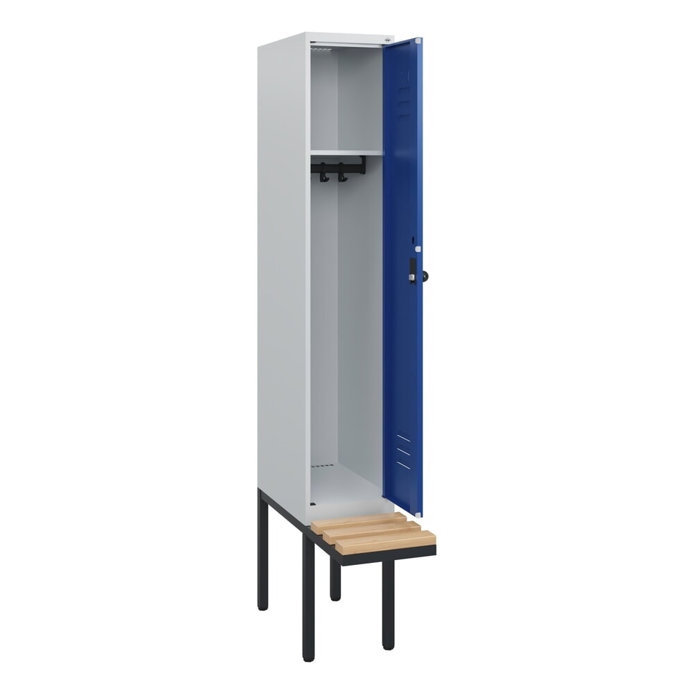C+P Spind Classic PLUS, 1 Abteil, HxBxT 1.950 x 300 x 815 mm, für Vorhängeschloss, auskragende Bank aus Buche, lichtgrau, enzianblau Produktabbildung: C+P Spind Classic PLUS, 1 Abteil, HxBxT 1.950 x 300 x 815 mm, für Vorhängeschloss, auskragende Bank aus Buche, lichtgrau, enzianblau