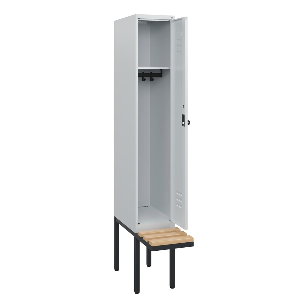 Produktabbildung: C+P Spind Classic PLUS, 1 Abteil, HxBxT 1.950 x 300 x 815 mm, für Vorhängeschloss, auskragende Bank aus Buche, lichtgrau, lichtgrau
