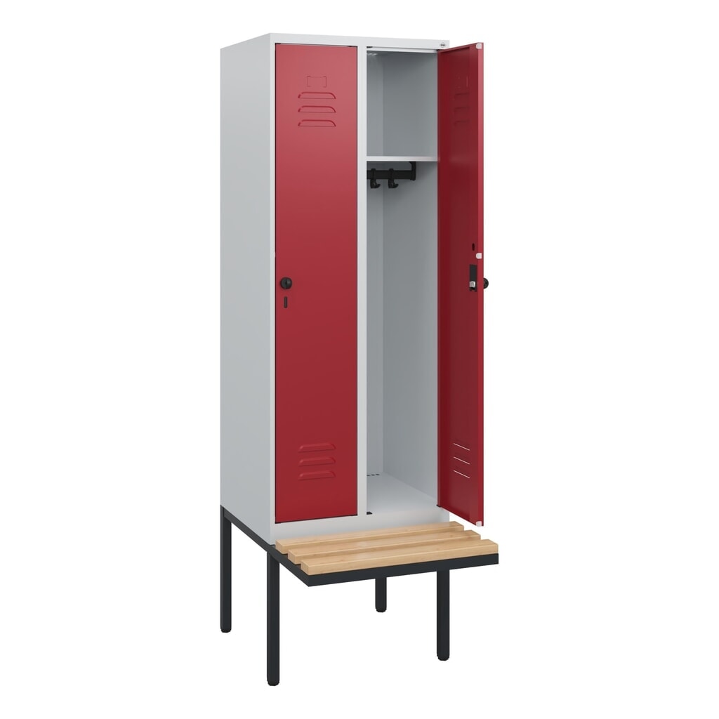 Produktabbildung: C+P Spind Classic PLUS, 2 Abteile, HxBxT 1.950 x 600 x 815 mm, für Vorhängeschloss, auskragende Bank aus Buche, lichtgrau, rubinrot