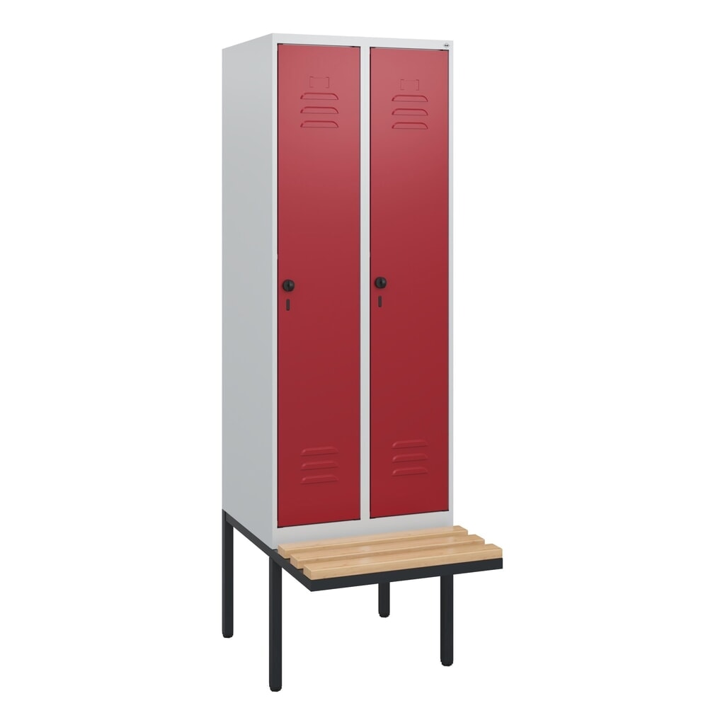 Produktabbildung Nr. 8: C+P Spind Classic PLUS, 2 Abteile, HxBxT 1.950 x 600 x 815 mm, für Vorhängeschloss, auskragende Bank aus Buche, lichtgrau, rubinrot