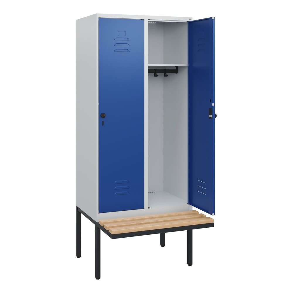 C+P Spind Classic PLUS, 2 Abteile, HxBxT 1.950 x 800 x 815 mm, für Vorhängeschloss, auskragende Bank aus Buche, lichtgrau, enzianblau Produktabbildung: C+P Spind Classic PLUS, 2 Abteile, HxBxT 1.950 x 800 x 815 mm, für Vorhängeschloss, auskragende Bank aus Buche, lichtgrau, enzianblau