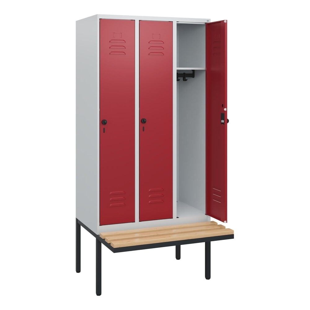 C+P Spind Classic PLUS, 3 Abteile, HxBxT 1.950 x 900 x 815 mm, für Vorhängeschloss, auskragende Bank aus Buche, lichtgrau, rubinrot Produktabbildung Nr. 1: C+P Spind Classic PLUS, 3 Abteile, HxBxT 1.950 x 900 x 815 mm, für Vorhängeschloss, auskragende Bank aus Buche, lichtgrau, rubinrot