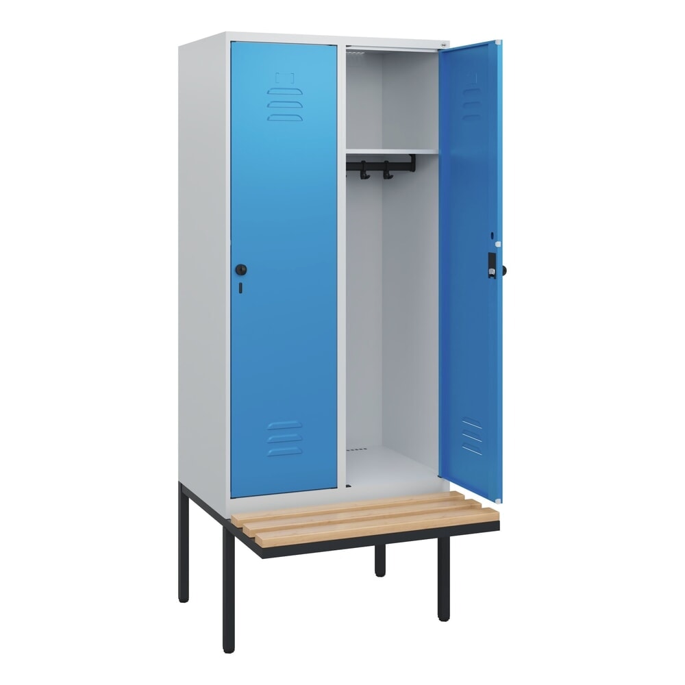 Produktabbildung: C+P Spind Classic PLUS, 2 Abteile, HxBxT 1.950 x 800 x 815 mm, für Vorhängeschloss, auskragende Bank aus Buche, lichtgrau, lichtblau