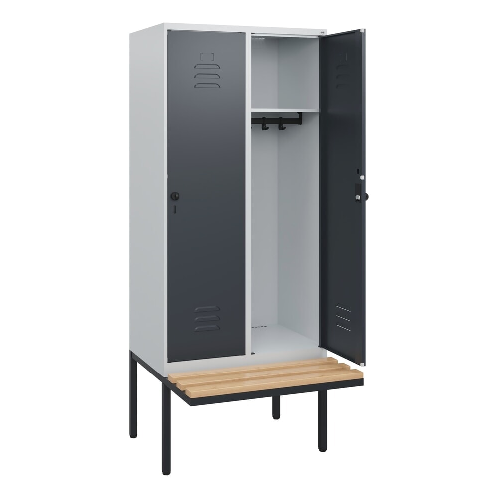 Produktabbildung: C+P Spind Classic PLUS, 2 Abteile, HxBxT 1.950 x 800 x 815 mm, für Vorhängeschloss, auskragende Bank aus Buche, lichtgrau, anthrazitgrau