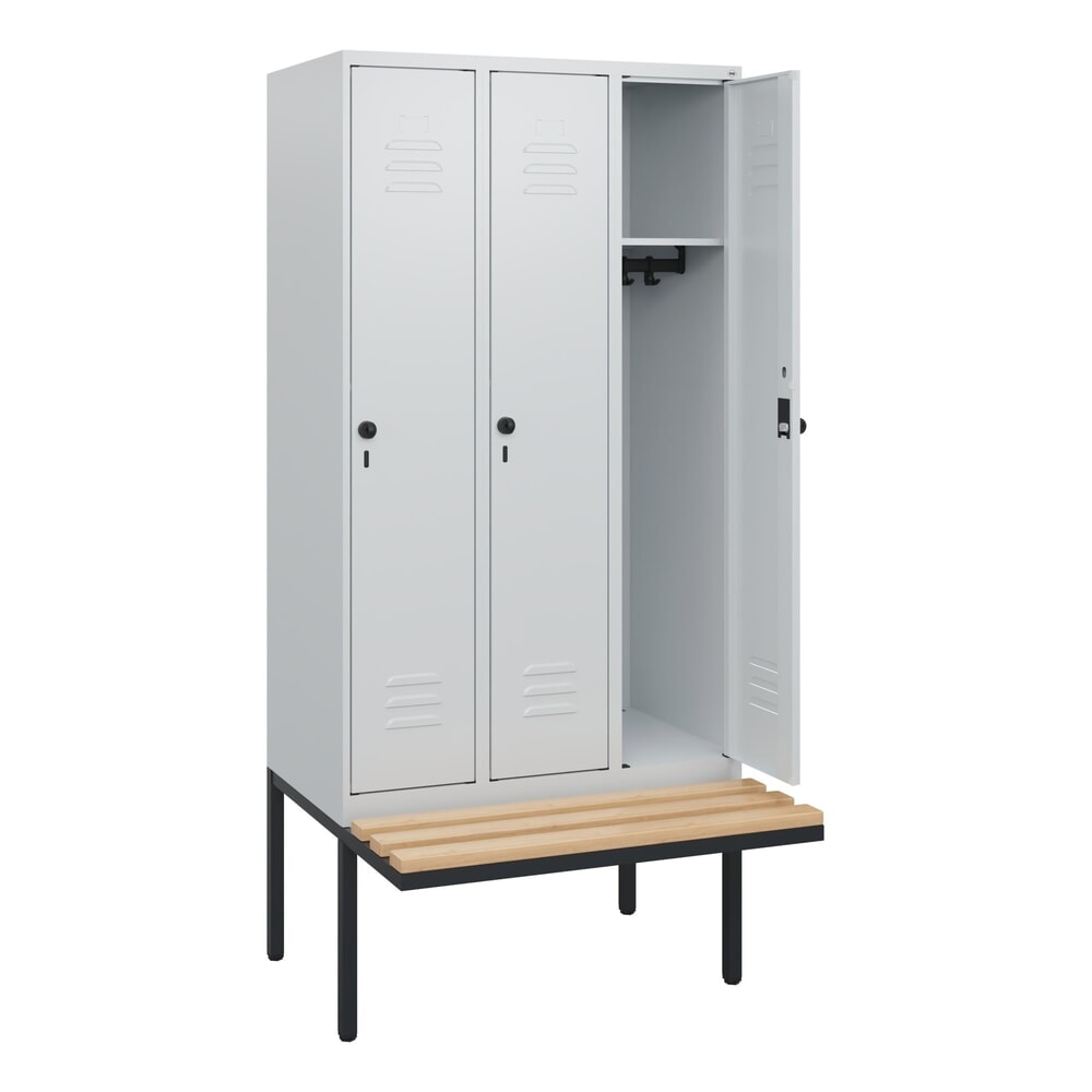 Produktabbildung: C+P Spind Classic PLUS, 3 Abteile, HxBxT 1.950 x 900 x 815 mm, für Vorhängeschloss, auskragende Bank aus Buche, lichtgrau, lichtgrau