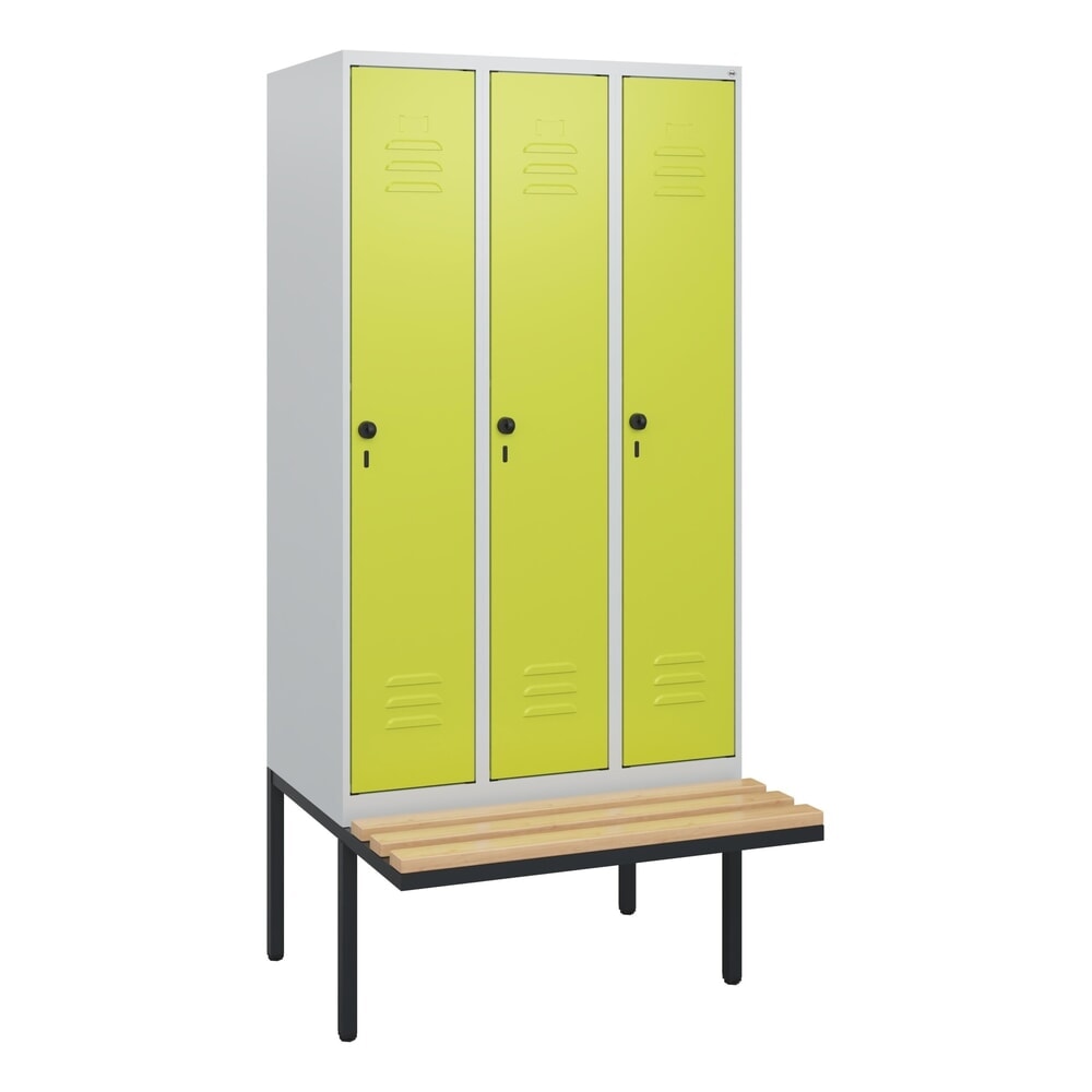 Produktabbildung Nr. 9: C+P Spind Classic PLUS, 3 Abteile, HxBxT 1.950 x 900 x 815 mm, für Vorhängeschloss, auskragende Bank aus Buche, lichtgrau, clowngrün