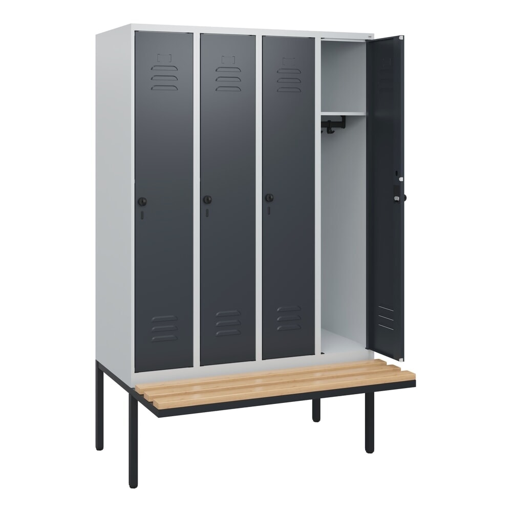 Produktabbildung: C+P Spind Classic PLUS, 4 Abteile, HxBxT 1.950 x 1.200 x 815 mm, für Vorhängeschloss, auskragende Bank aus Buche, lichtgrau, anthrazitgrau