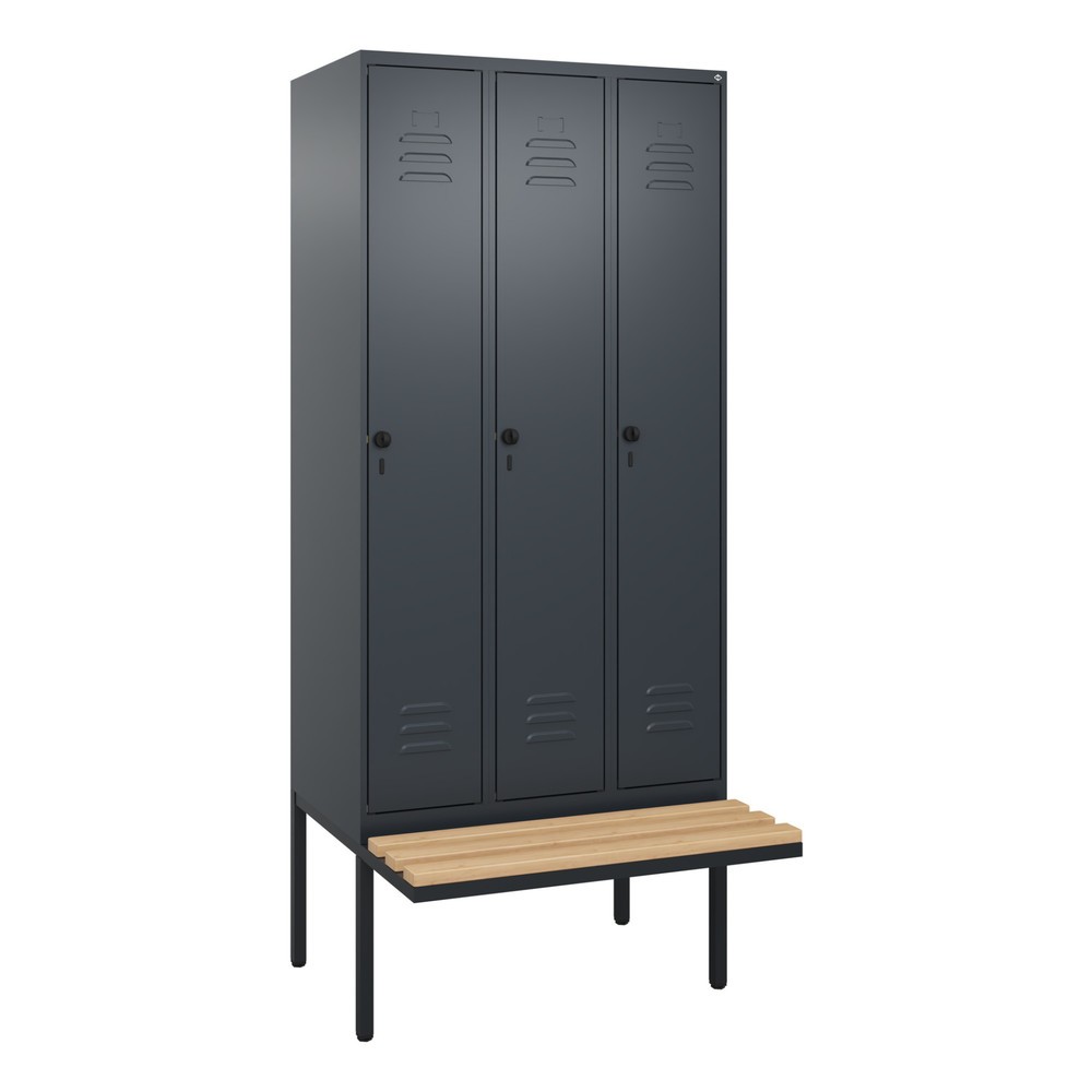 Produktabbildung: C+P Spind Classic PLUS, 3 Abteile, HxBxT 2.120 x 900 x 815 mm, für Vorhängeschloss, auskragende Bank aus Buche, anthrazitgrau, anthrazitgrau